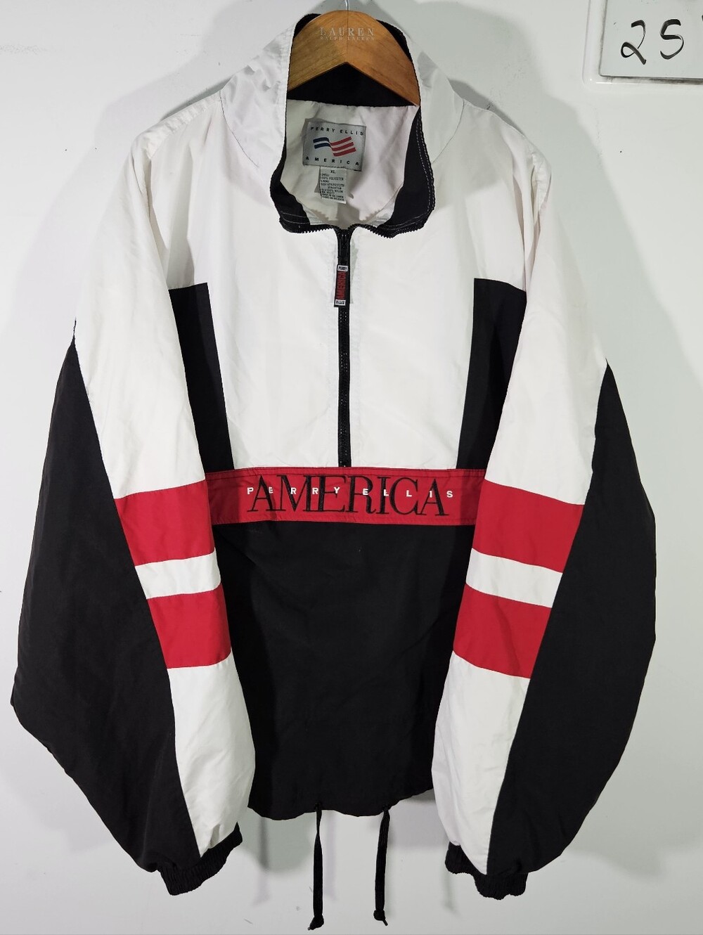 Vintage 90's Perry Ellis America Red White & Black Half Zip Jacket!